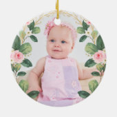 Roze Floral Greenery Elephant Baby 1e Kerstmis Keramisch Ornament (Achterkant)