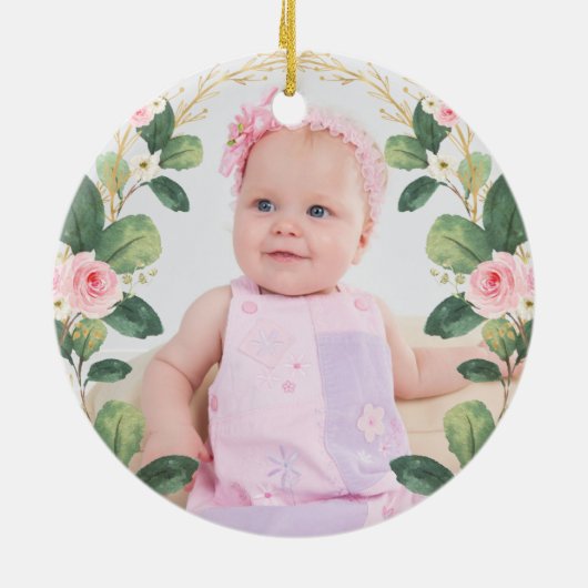 Roze Floral Greenery Elephant Baby 1e Kerstmis Keramisch Ornament (Achterkant)