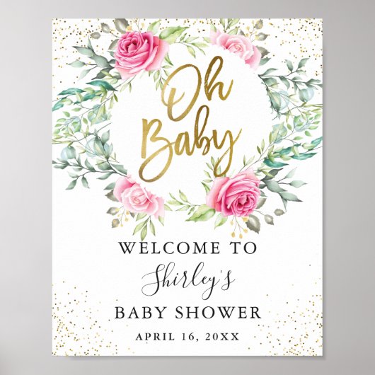 Roze Floral Greenery Glitter Baby shower Welkom Poster (Voorkant)