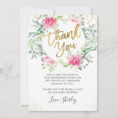 Roze Floral Greenery Gold Script-Baby shower Bedankkaart (Voorkant)
