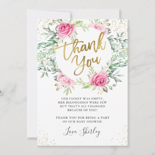 Roze Floral Greenery Gold Script-Baby shower Bedankkaart (Voorkant)