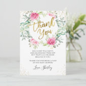 Roze Floral Greenery Gold Script-Baby shower Bedankkaart (Staand voorkant)