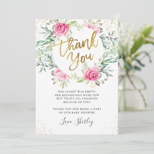 Roze Floral Greenery Gold Script-Baby shower Bedankkaart (Staand voorkant)