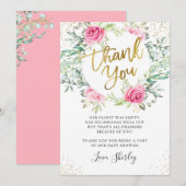 Roze Floral Greenery Gold Script-Baby shower Bedankkaart (Voorkant / Achterkant)