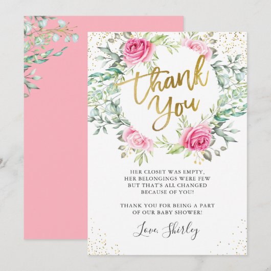 Roze Floral Greenery Gold Script-Baby shower Bedankkaart (Voorkant / Achterkant)