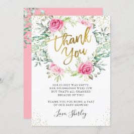 Roze Floral Greenery Gold Script-Baby shower Bedankkaart