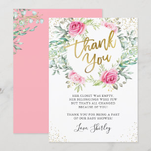 Roze Floral Greenery Gold Script-Baby shower Bedankkaart
