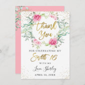 Roze Floral Greenery Gold Script Sweet 16 Birthday Bedankkaart (Voorkant / Achterkant)