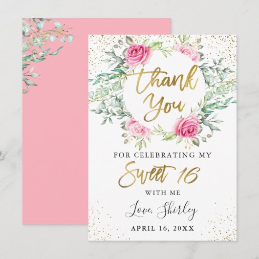 Roze Floral Greenery Gold Script Sweet 16 Birthday Bedankkaart (Voorkant / Achterkant)
