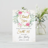 Roze Floral Greenery Gold Script Sweet 16 Birthday Bedankkaart (Staand voorkant)