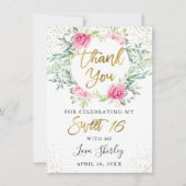 Roze Floral Greenery Gold Script Sweet 16 Birthday Bedankkaart (Voorkant)