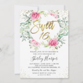 Roze Floral Greenery Gold Script Sweet 16 Birthday Kaart (Voorkant)