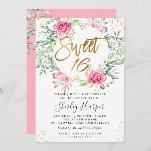 Roze Floral Greenery Gold Script Sweet 16 Birthday Kaart (Voorkant / Achterkant)