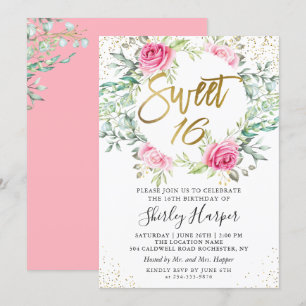 Roze Floral Greenery Gold Script Sweet 16 Birthday Kaart
