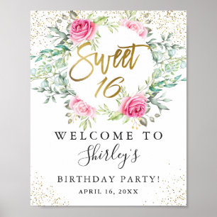 Roze Floral Greenery Gold Script Sweet 16 Birthday Poster