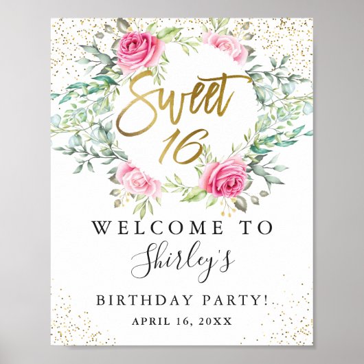 Roze Floral Greenery Gold Script Sweet 16 Birthday Poster (Voorkant)