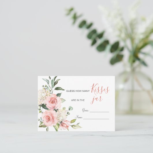 Roze Floral Greenery Hoeveel Kisses in Jar Game Plaatskaartje (Staand voorkant)