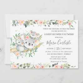 Roze Floral Greenery Koala Twin Girls Baby shower  Kaart