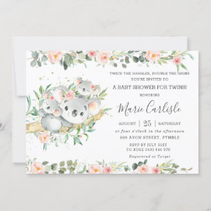 Roze Floral Greenery Koala Twin Girls Baby shower Kaart