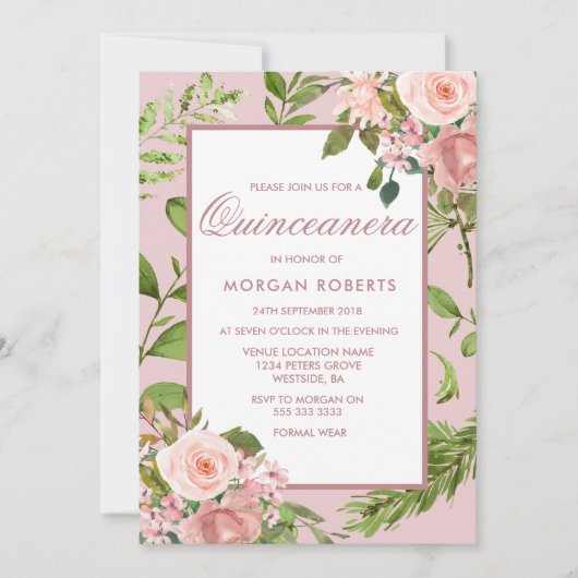 Roze Floral Greenery Leaf Quinceanera Uitnodiging (Voorkant)