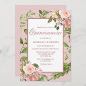Roze Floral Greenery Leaf Quinceanera Uitnodiging (Voorkant / Achterkant)