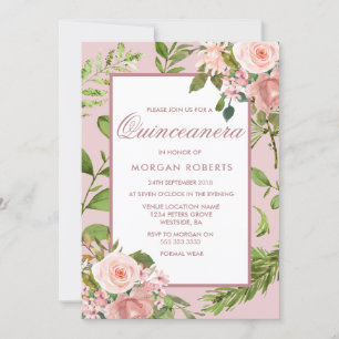Roze Floral Greenery Leaf Quinceanera Uitnodiging