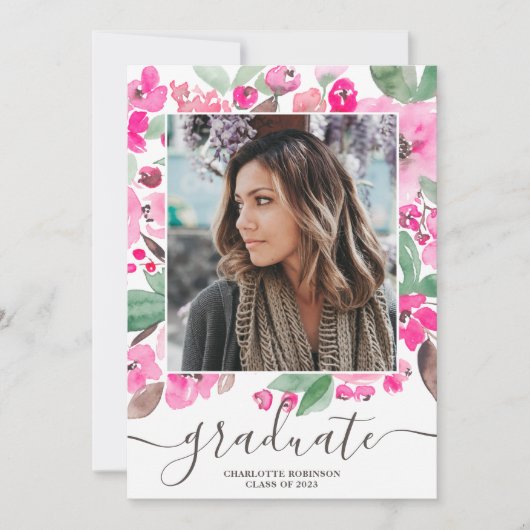 Roze floral greenery script 3 foto's afstuderen kaart (Voorkant)