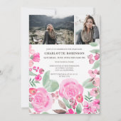 Roze floral greenery script 3 foto's afstuderen kaart (Achterkant)