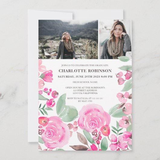 Roze floral greenery script 3 foto's afstuderen kaart (Achterkant)