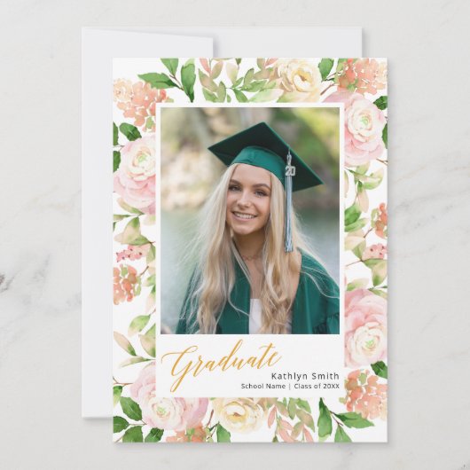Roze Floral Greenery Script Girl Foto Afstuderen Aankondiging (Voorkant)