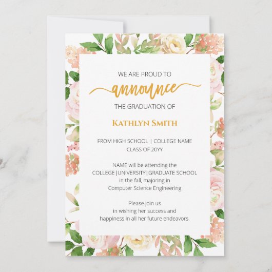 Roze Floral Greenery Script Girl Foto Afstuderen Aankondiging (Achterkant)