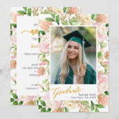 Roze Floral Greenery Script Girl Foto Afstuderen Aankondiging (Voorkant / Achterkant)