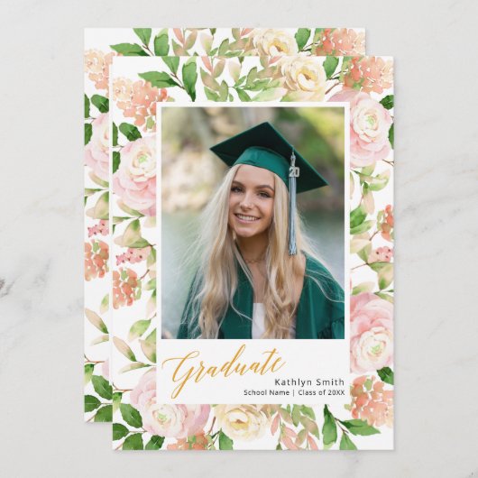 Roze Floral Greenery Script Girl Foto Afstuderen Aankondiging (Voorkant / Achterkant)