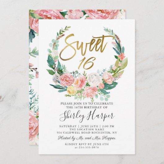 Roze Floral Greenery Wreath Gold Script Sweet 16 Kaart (Voorkant / Achterkant)