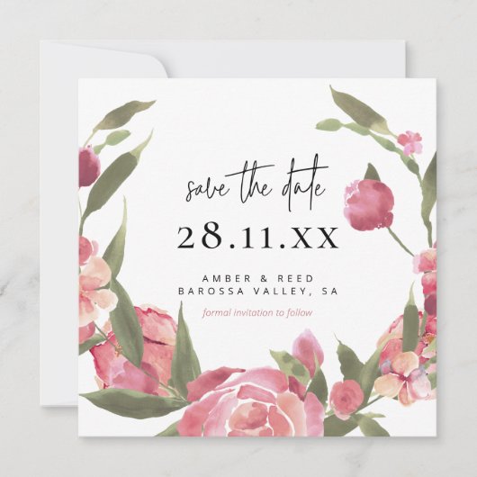 Roze Floral, groot botanisch vierkant sparen de da Save The Date (Voorkant)