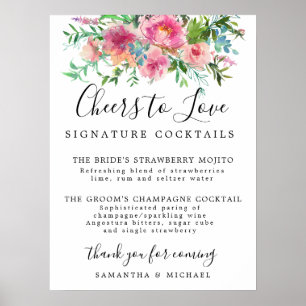 Roze Floral Handtekening Cocktails Weddenschap Poster