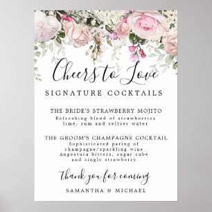 Roze Floral Handtekening Cocktails Weddenschap Poster