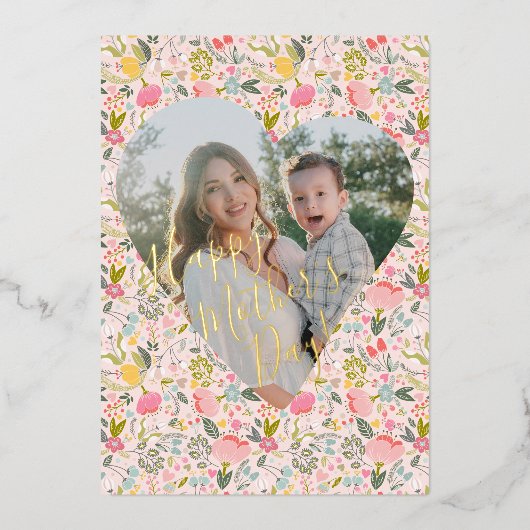 Roze floral Happy Moederdag aangepaste foto goud Folie Feestdagenkaart (Voorkant)
