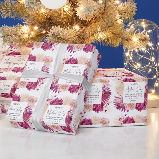 Roze Floral Happy Moederdag White Achtergrond Cadeaupapier (Feestdagen)