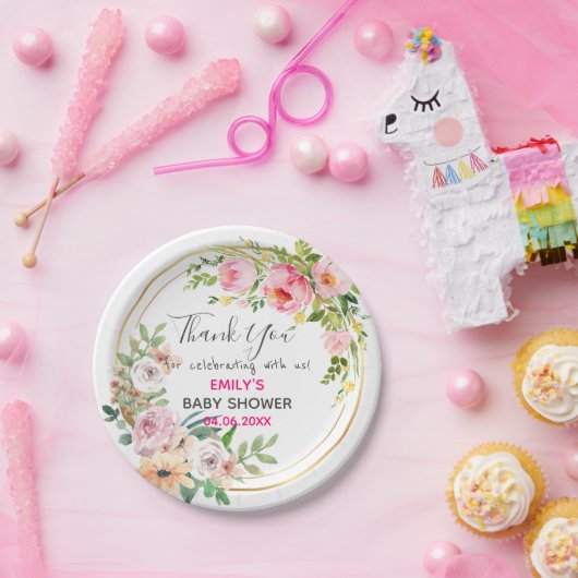  Roze Floral Hartelijk dank Baby shower Papieren Bordje (Feest)