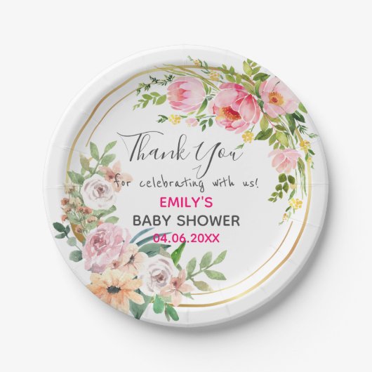  Roze Floral Hartelijk dank Baby shower Papieren Bordje (Voorkant)