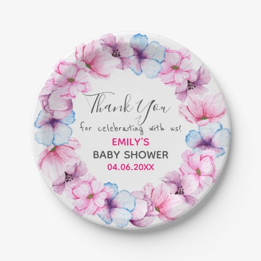  Roze Floral Hartelijk dank Baby shower Papieren Bordje (Voorkant)