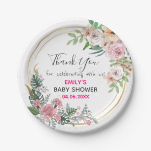  Roze Floral Hartelijk dank Baby shower Papieren Bordje