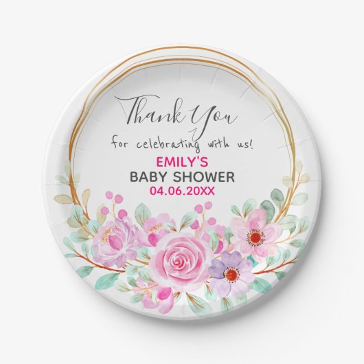  Roze Floral Hartelijk dank Baby shower Papieren Bordje (Voorkant)