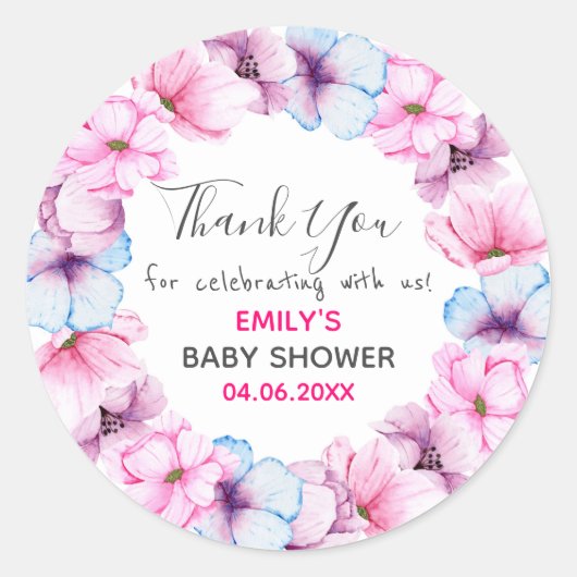  Roze Floral Hartelijk dank Baby shower Ronde Sticker (Voorkant)