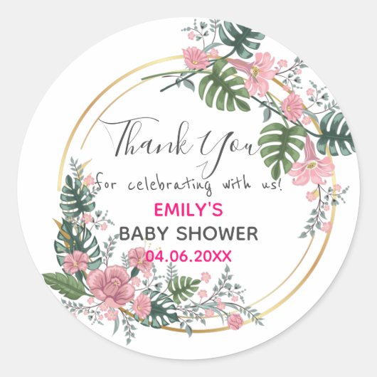 Roze Floral Hartelijk dank Baby shower Ronde Sticker (Voorkant)