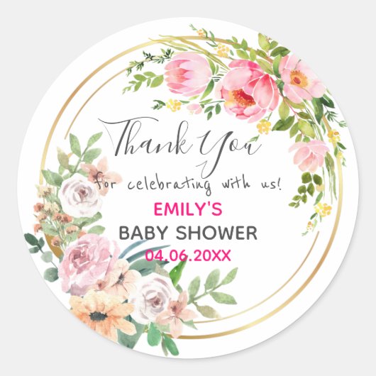  Roze Floral Hartelijk dank Baby shower Ronde Sticker (Voorkant)