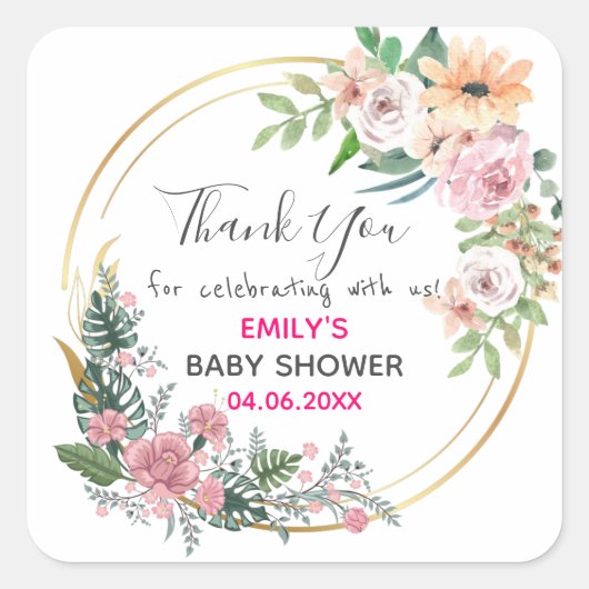 Roze Floral Hartelijk dank Baby shower Vierkante Sticker (Voorkant)