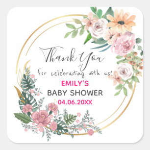 Roze Floral Hartelijk dank Baby shower Vierkante Sticker
