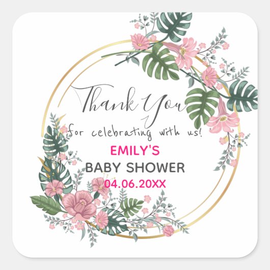  Roze Floral Hartelijk dank Baby shower Vierkante Sticker (Voorkant)